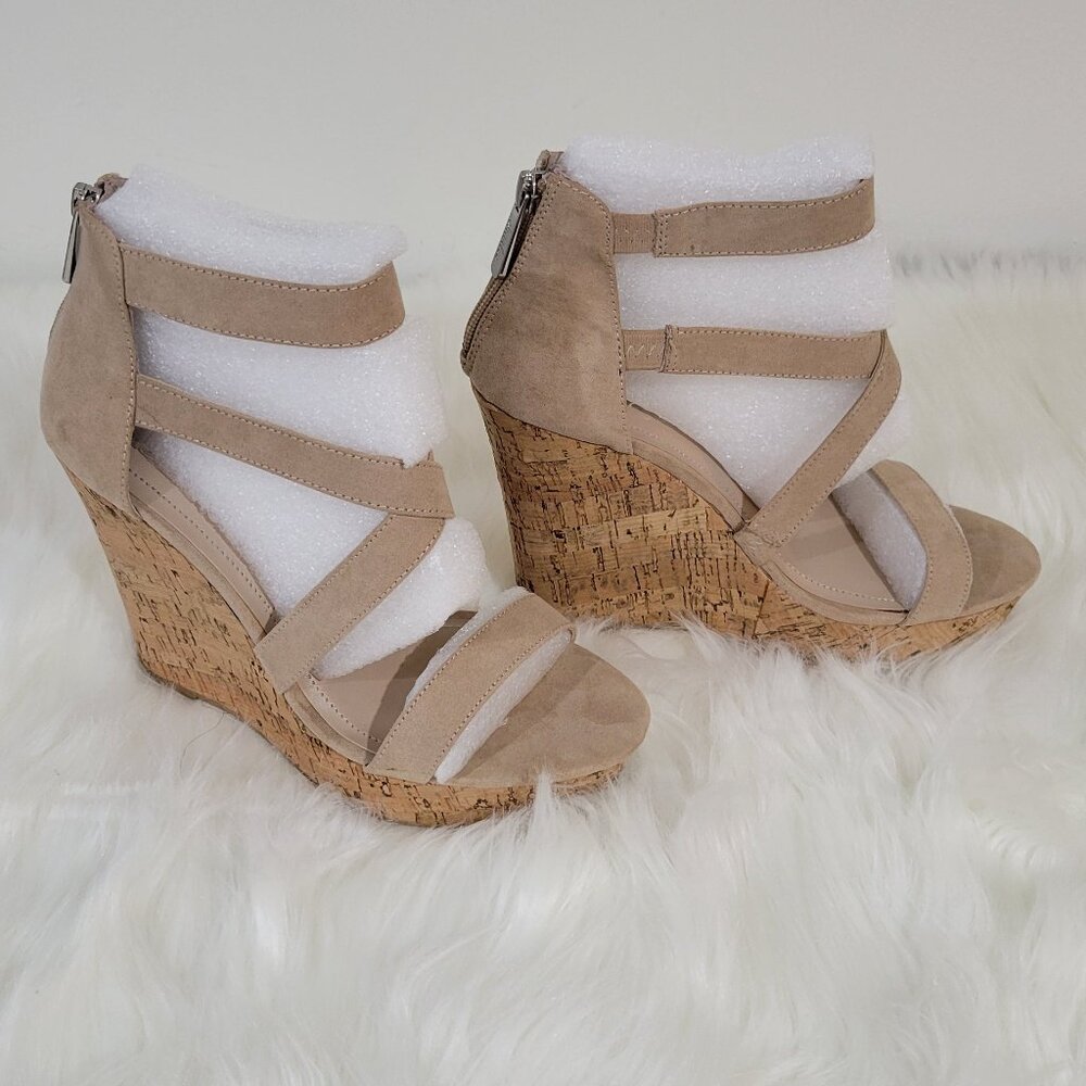 CHARLES DAVID Strappy Suede and Cork Platform Wedge Sandals Size 8.5